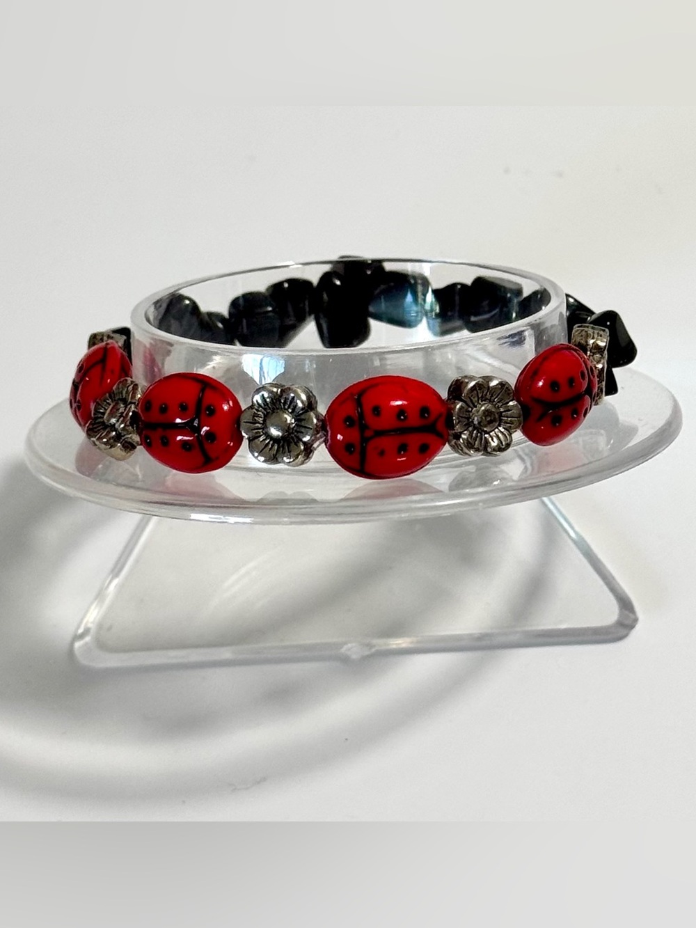 Midnight Garden Ladybug Onyx Bracelet Handmade Stretch Bracelet Size 6.5